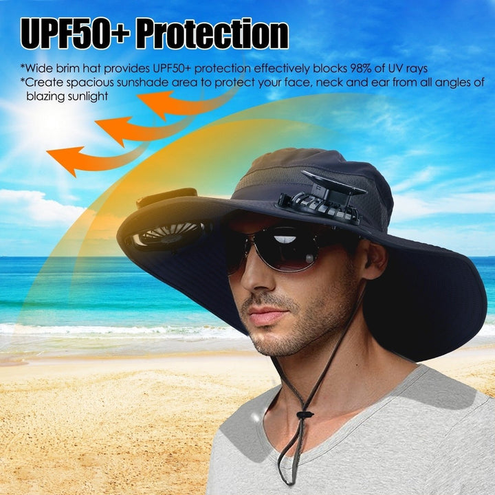 Outdoor Wide Brim Sun Hat With 2 Rechargeable Fans Solar Powered 3 Wind Speeds UPF50+ Breathable Waterproof Nylon Mesh Image 8