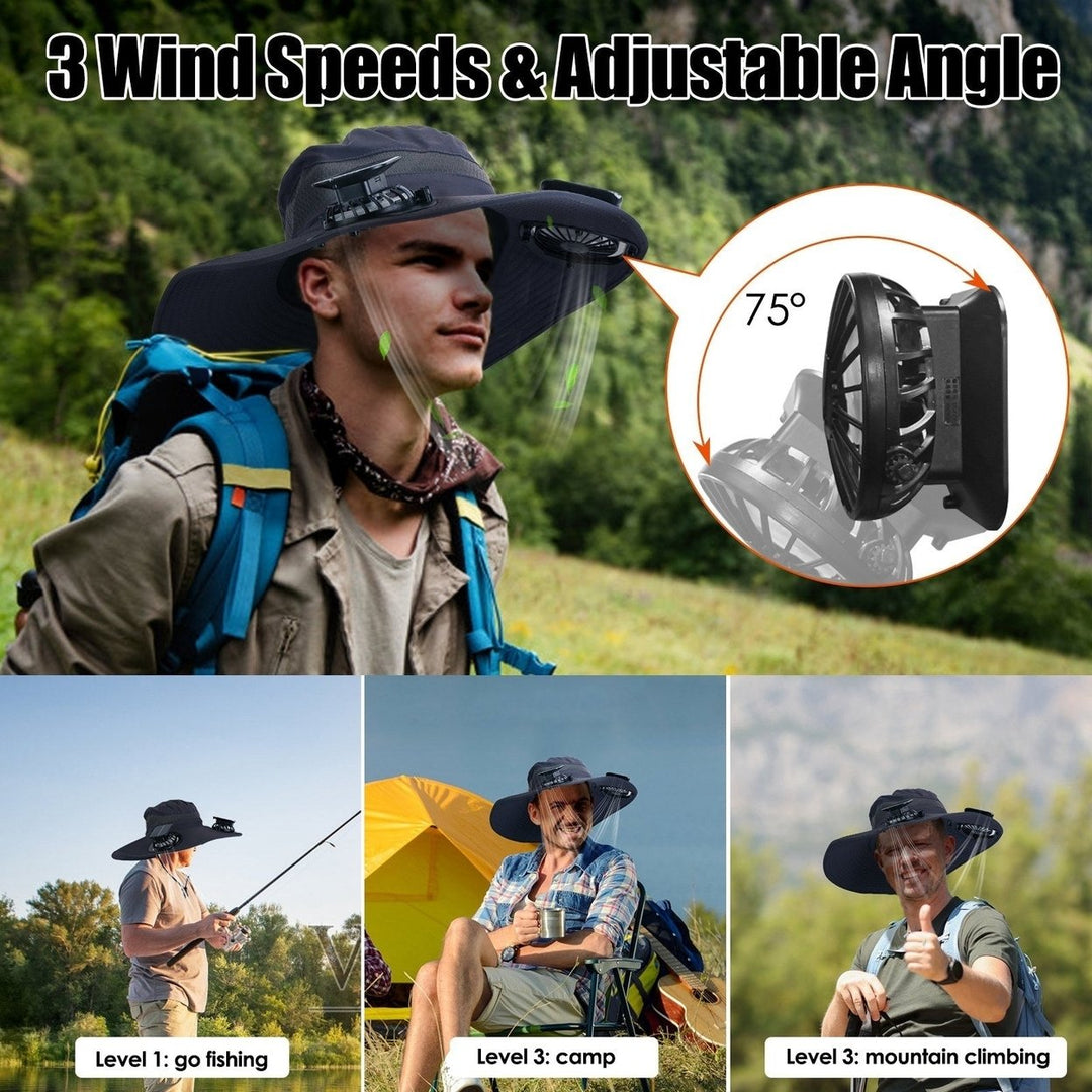 Outdoor Wide Brim Sun Hat With 2 Rechargeable Fans Solar Powered 3 Wind Speeds UPF50+ Breathable Waterproof Nylon Mesh Image 9