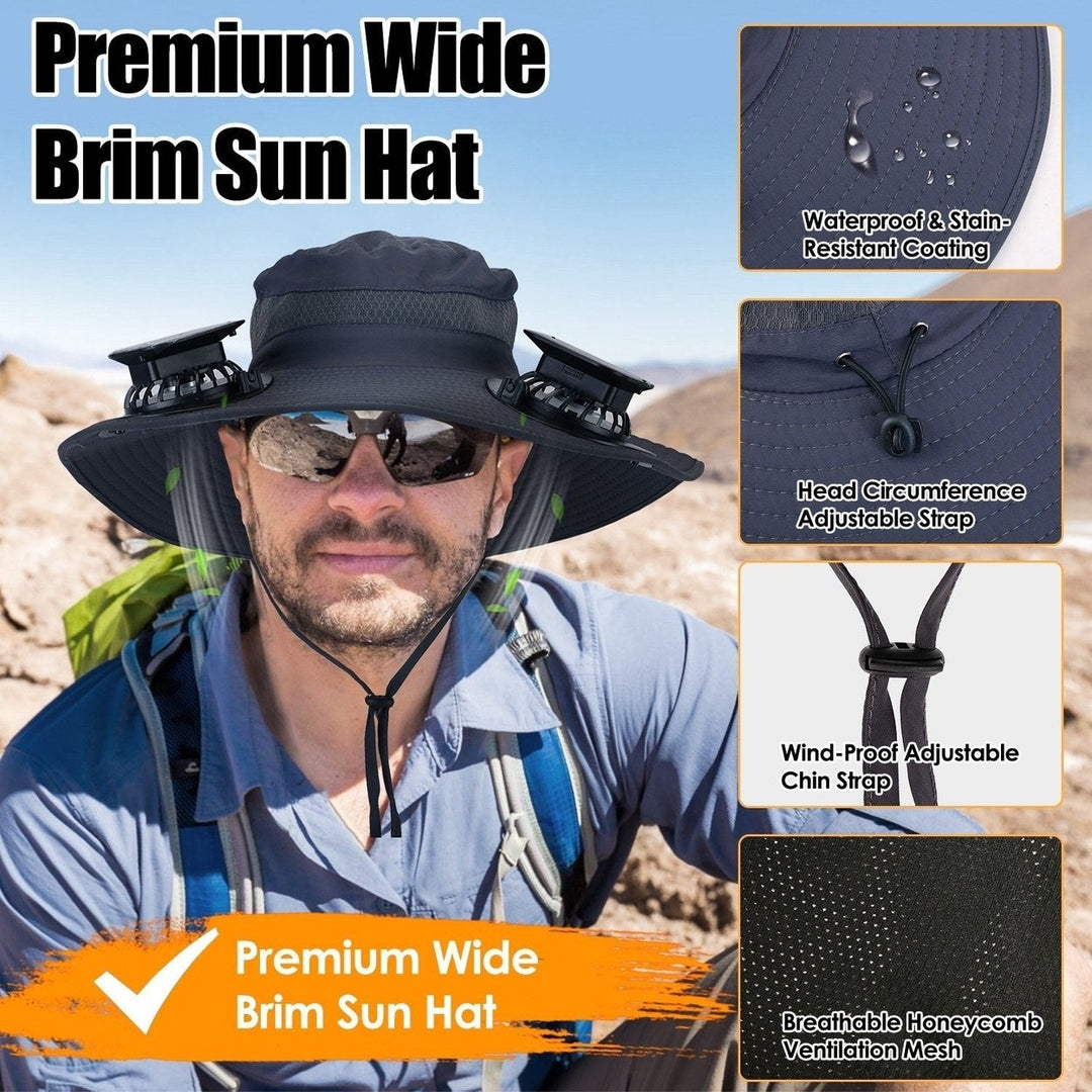 Outdoor Wide Brim Sun Hat With 2 Rechargeable Fans Solar Powered 3 Wind Speeds UPF50+ Breathable Waterproof Nylon Mesh Image 11