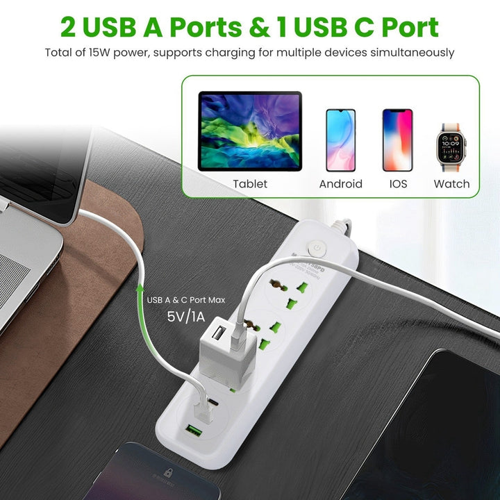 Power Strip with 5.9FT Extension Cord 3 AC Outlets and 2 USB A Ports 1 USB C Port 2500W Wall Mount Outlet Extender For Image 8