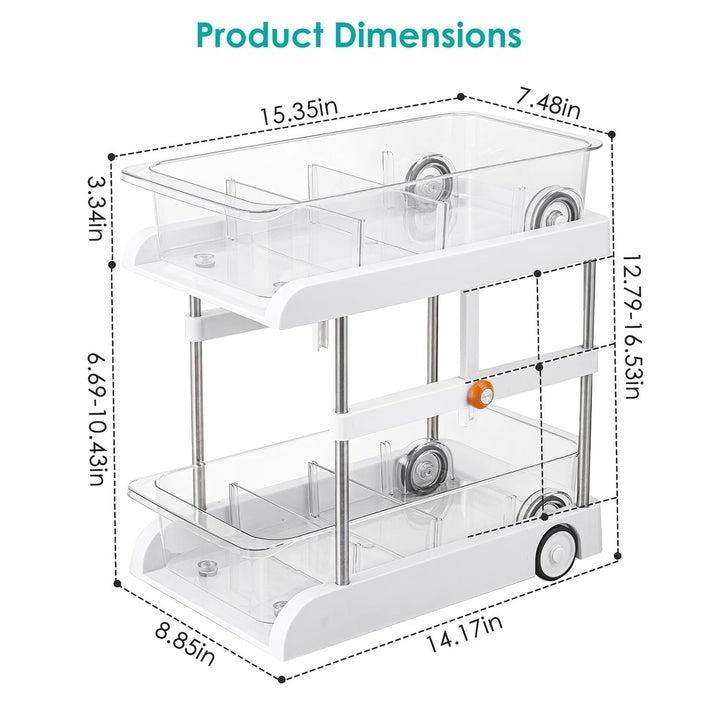 2-Tier Height Adjustable Under Sink Organizer With Flexible Wheels 2 Clear Trays with Movable Dividers Pull Out Cabinet Image 8