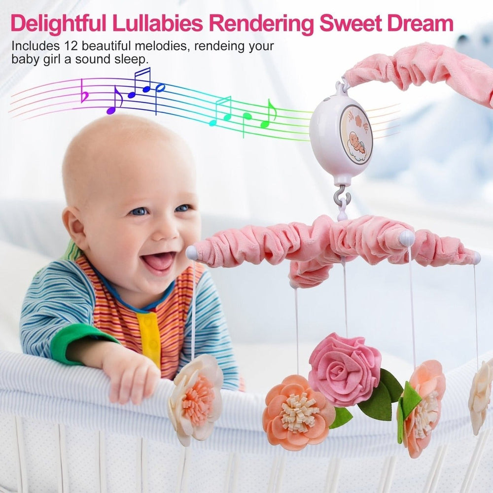 Musical Crib Mobile for Girls Baby Musical Crib Bed Bell Nursery Mobile with 12 Melodies 5 Flower Rattles 3 Modes Volume Image 2