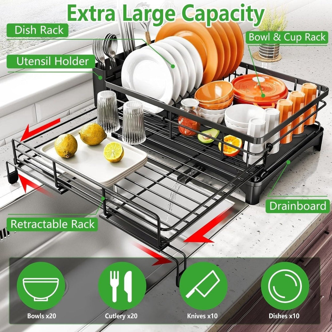 Retractable Dish Drying Rack Extra Large Dish Rack with Drainboard Utensil Holder for Countertop Over Sink Rustproof Image 6