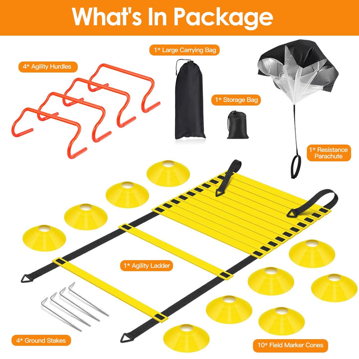 Speed Agility Training Equipment Set For Pro Beginner Including Cones Parachute Stakes Hurdles 19.68FT Ladder Image 2