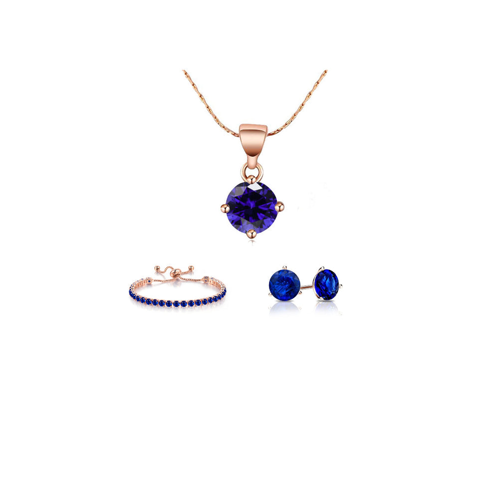 18k Rose Gold 6 Ct Created Blue Sapphire Necklace Earrings Bracelet Set Image 1