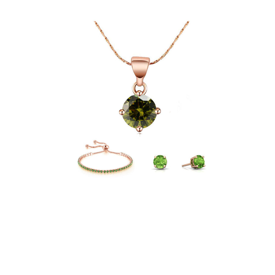 18k Rose Gold Necklace Earrings Bracelet Set 6 Ct Round Created Peridot Jewelry Image 1