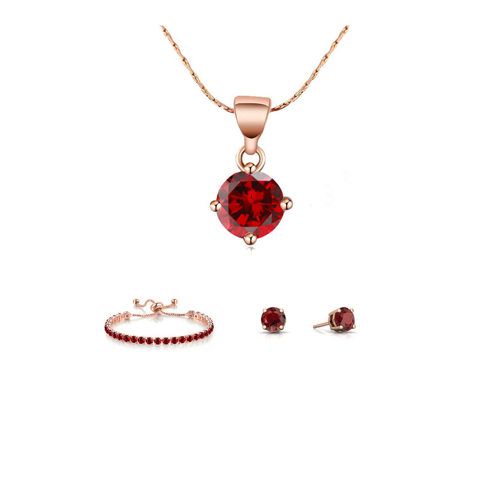 10k Rose Gold Necklace Earrings Bracelet Set 6 Ct Round Created Garnet Jewelry Image 1