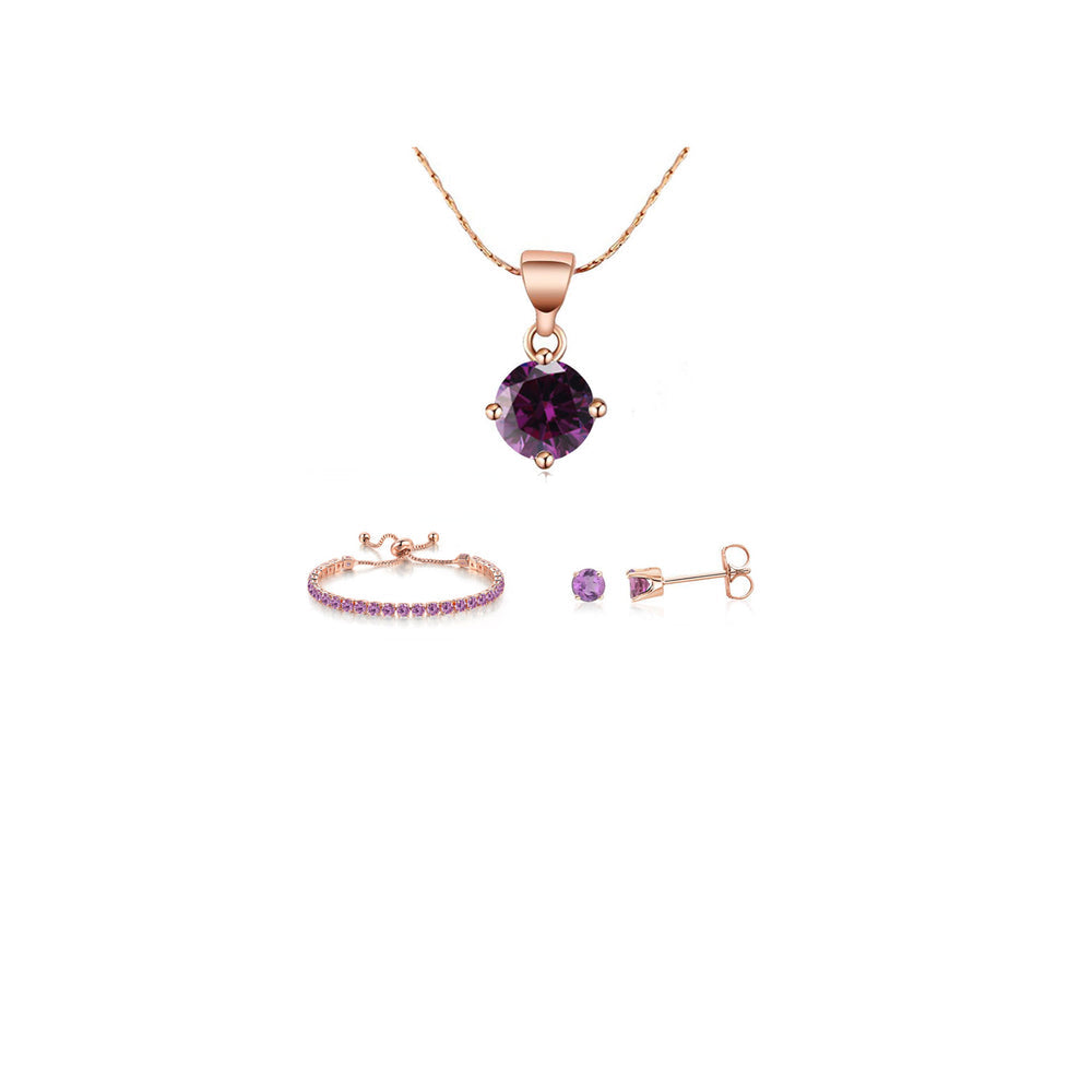 10k Rose Gold Created Amethyst Jewelry Set Necklace Earrings Bracelet Gift Image 1