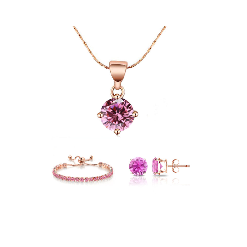 10k Rose Gold Necklace Earrings Bracelet Set Created Pink Sapphire 6 Ct Image 1