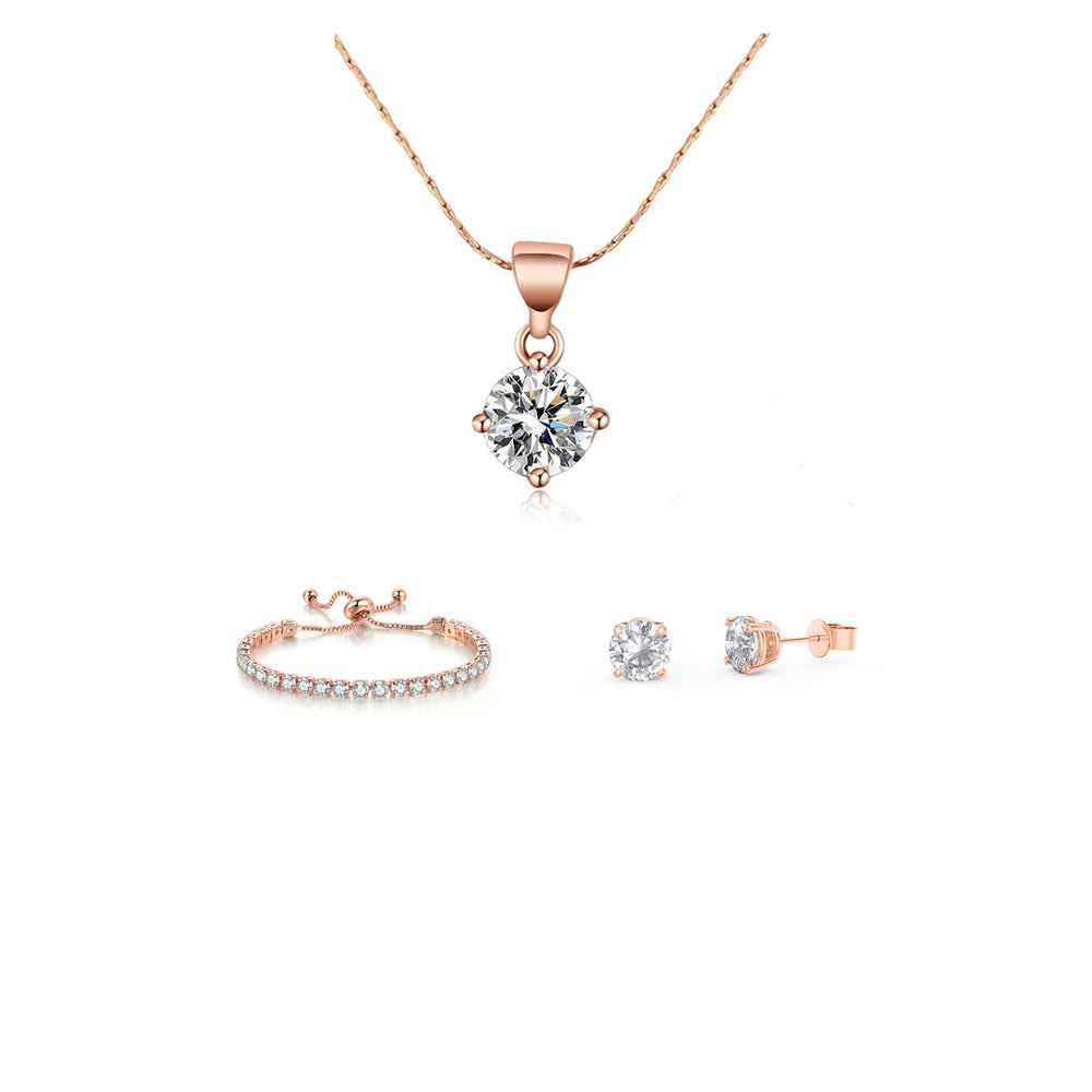 10k Rose Gold 7 Ct Round Created White Sapphire Necklace Earrings Bracelet Set Image 1