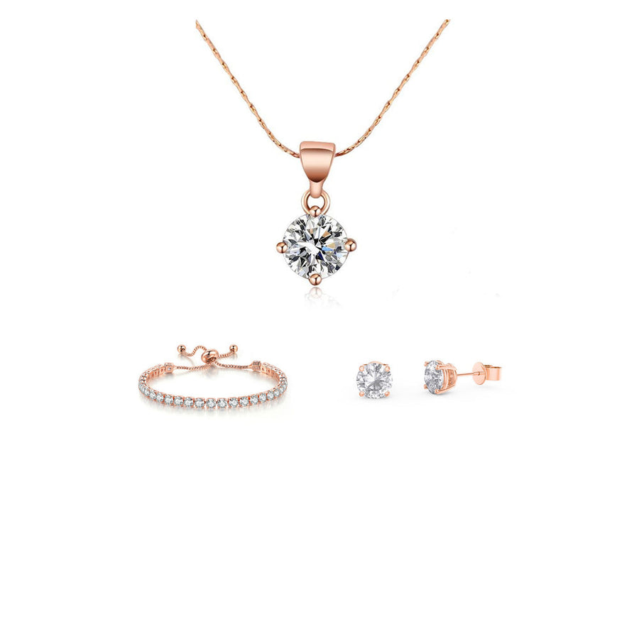 10k Rose Gold 7 Ct Round Created White Sapphire Necklace Earrings Bracelet Set Image 1