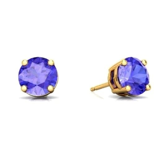 14k Yellow Gold Created Tanzanite Round Stud Earrings 1/3 Ct Push Back Design Image 1