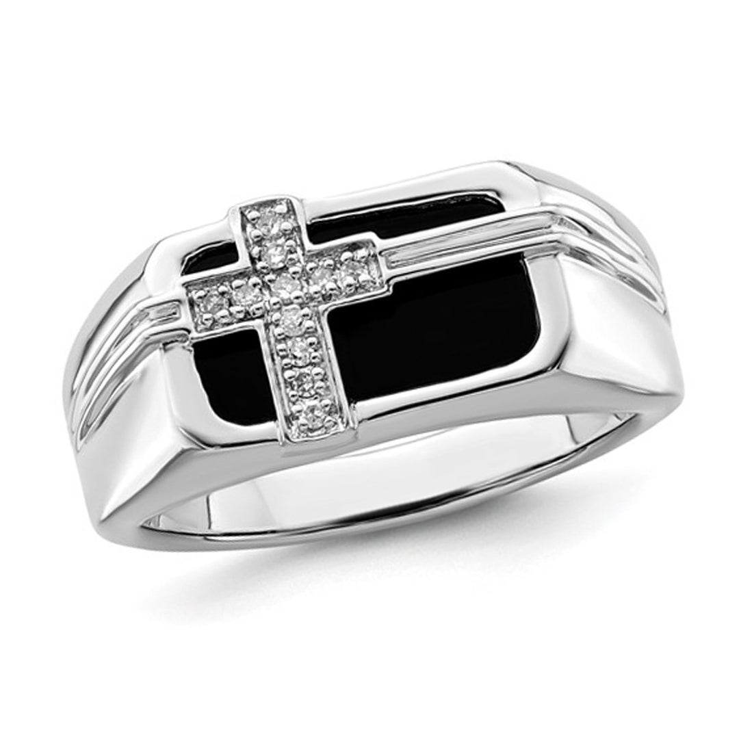 Mens Black Onyx Cross Ring in Sterling Silver with Accent Diamonds Image 1