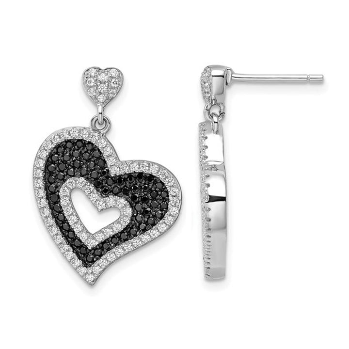 Sterling Silver Heart Dangle Earrings with Synthetic Black and White Cubic Zirconia (CZ)s Image 1