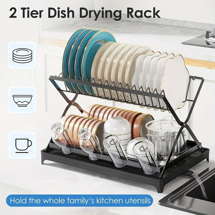 2-layer Bowl and Dish Drying Rack with Bowl Cup and Basin Holder Foldable Bowl and Dish Drain Rack Suitable for Kitchen Image 6