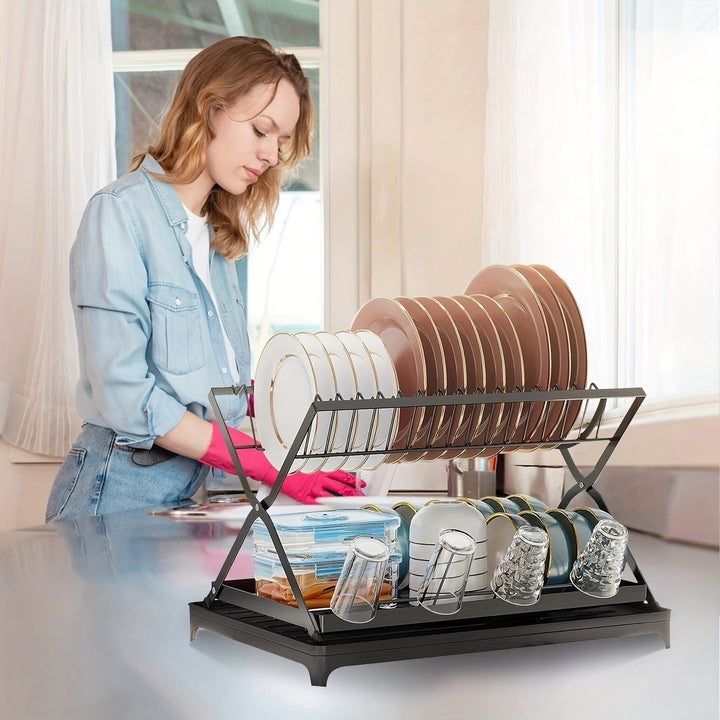 2-layer Bowl and Dish Drying Rack with Bowl Cup and Basin Holder Foldable Bowl and Dish Drain Rack Suitable for Kitchen Image 9