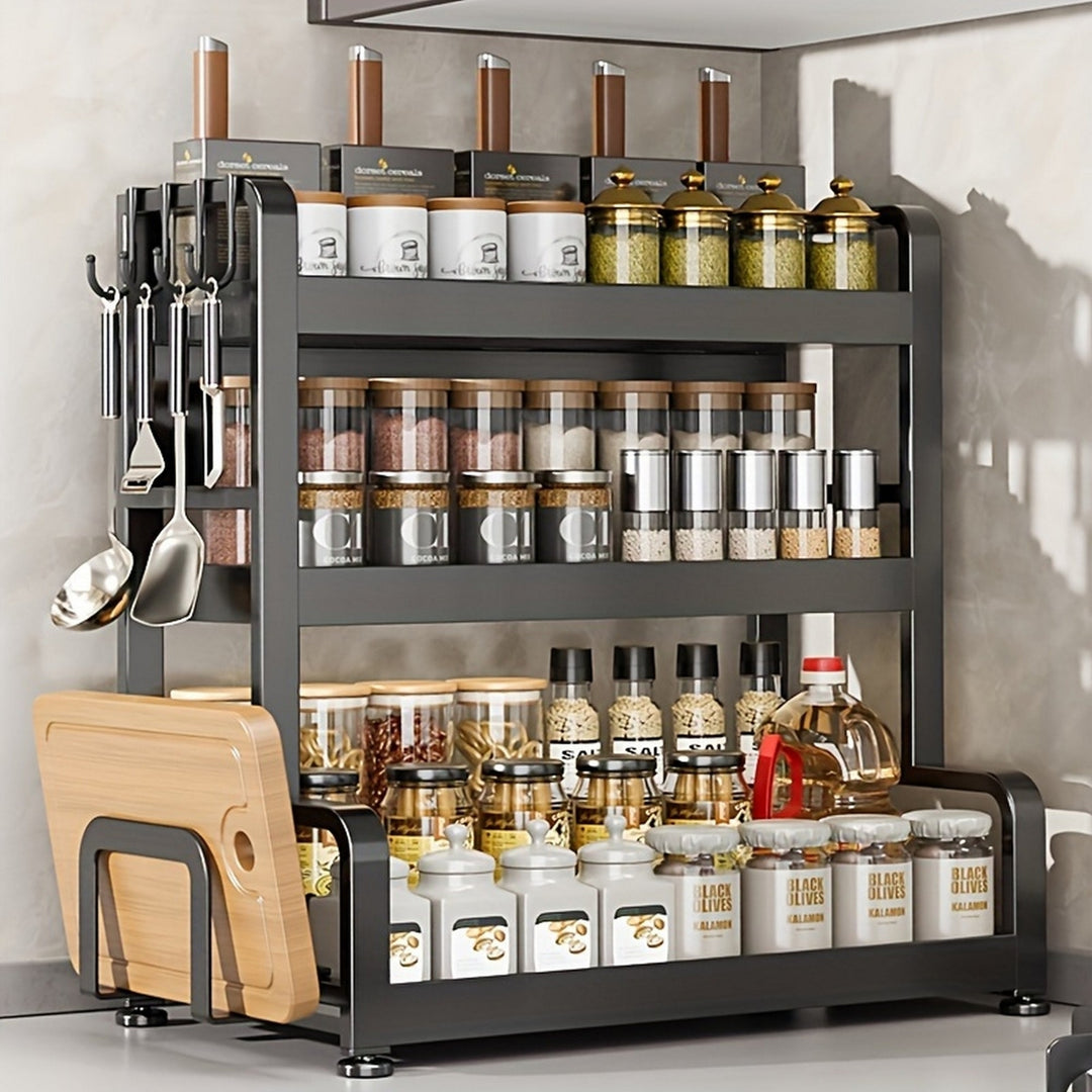 Elegant Multi-Layer Metal Kitchen Organizer Countertop Spice Rack Knife and Utensil Holder Condiment Basket Image 4