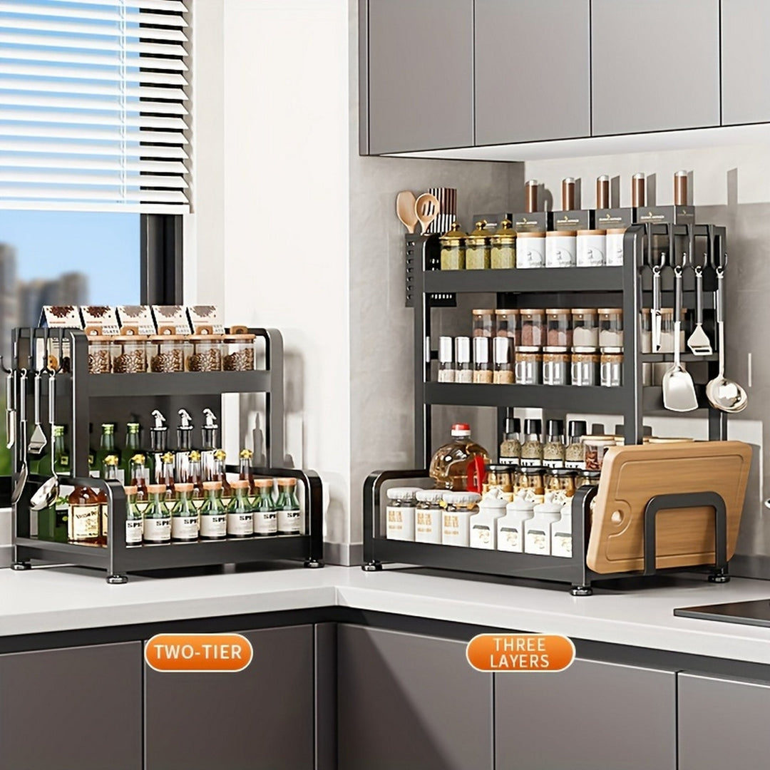 Elegant Multi-Layer Metal Kitchen Organizer Countertop Spice Rack Knife and Utensil Holder Condiment Basket Image 4