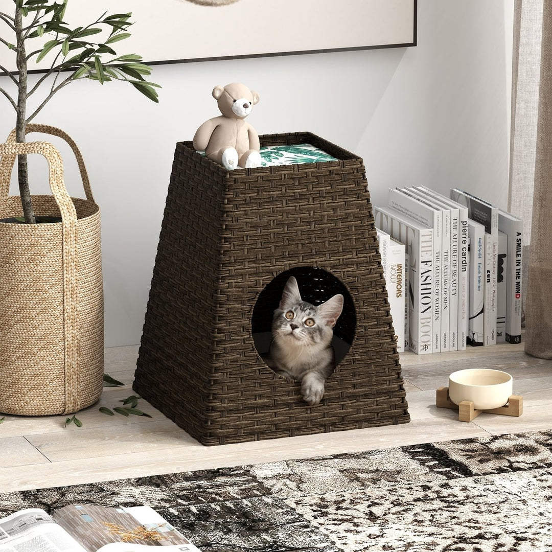 Woven Rattan Cat Litter Box Enclosure Furniture Rattan Cat House with Cat Litter Box Detachable Cat Washroom with Cotton Image 2