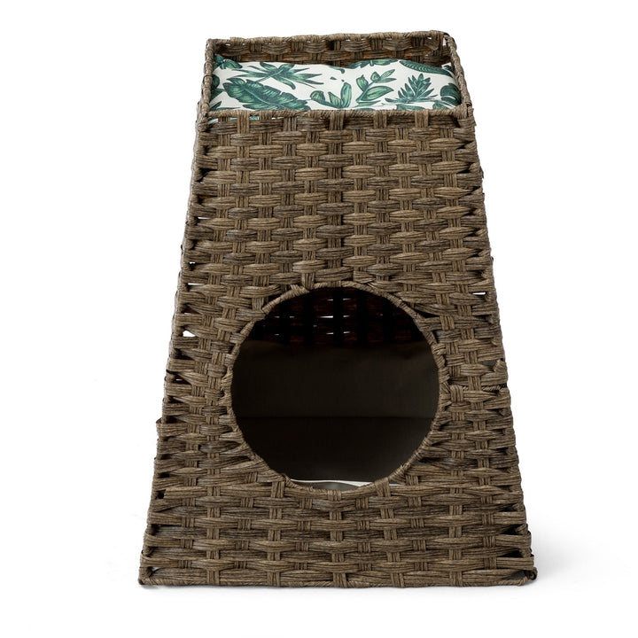 Woven Rattan Cat Litter Box Enclosure Furniture Rattan Cat House with Cat Litter Box Detachable Cat Washroom with Cotton Image 3