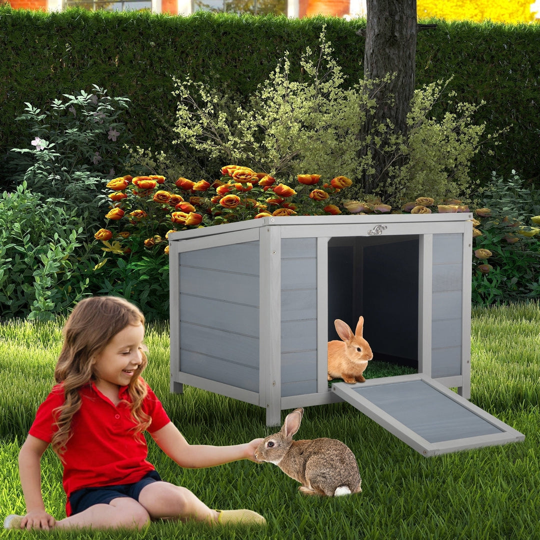 Small Wood Rabbit Hutch Bunny Cage Habitat with Weatherproof Openable Top Door Ramp Indoor Outdoor House for Guinea Pig Image 2