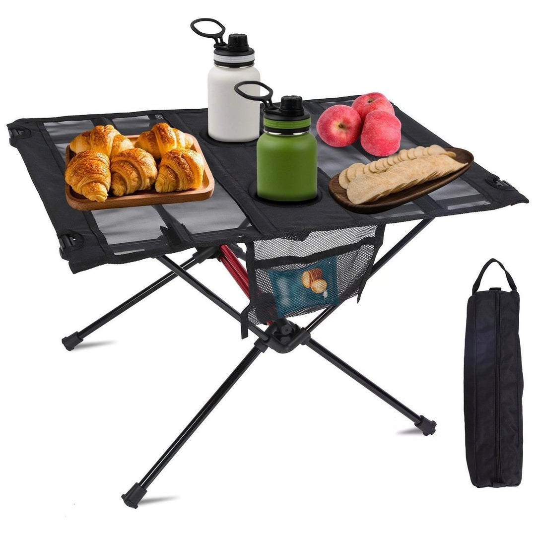 Portable Folding Camping Table Foldable Beach Table Aluminum Alloy Frame with 2 Cup Holders 2 Side Pockets Carry Bag for Image 3