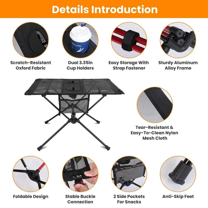 Portable Folding Camping Table Foldable Beach Table Aluminum Alloy Frame with 2 Cup Holders 2 Side Pockets Carry Bag for Image 4