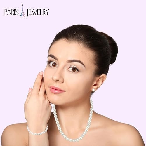 18K White Gold Pearl Necklace Bracelet Earrings Set 18 Inch Fashion Jewelry Image 4