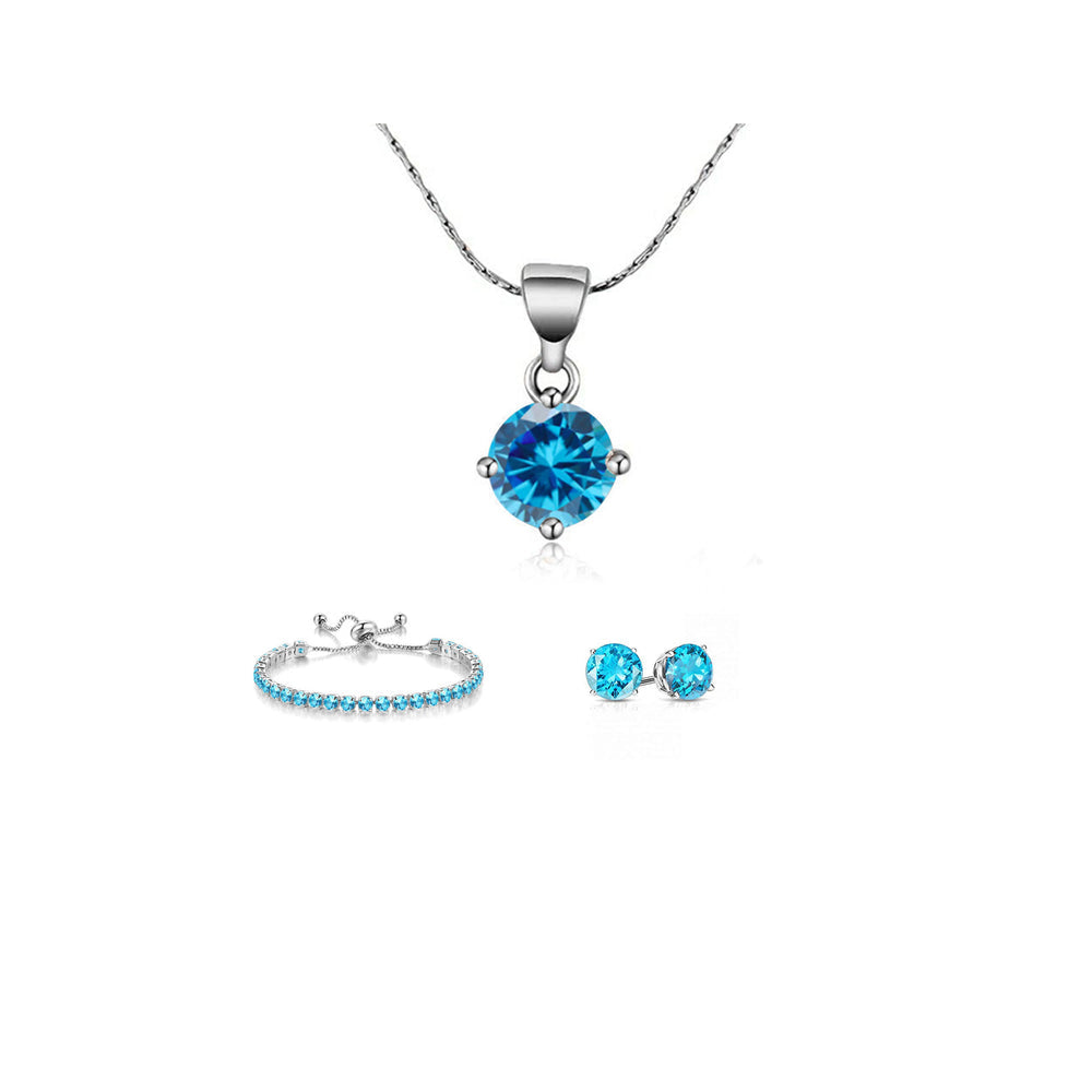 18k White Gold 6 Ct Round Created Blue Topaz Necklace Earrings Bracelet Set Image 1