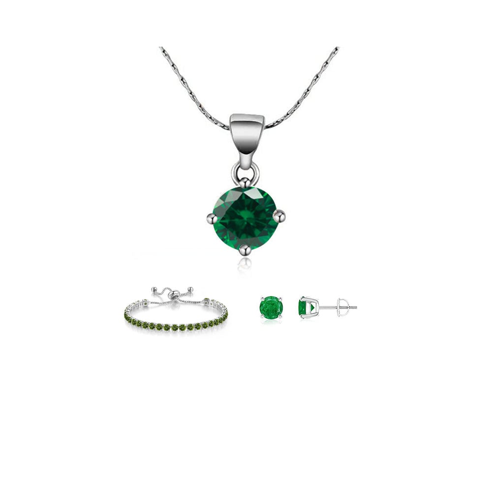 18k White Gold 6 Ct Round Created Emerald Necklace Earrings Bracelet Set Image 1