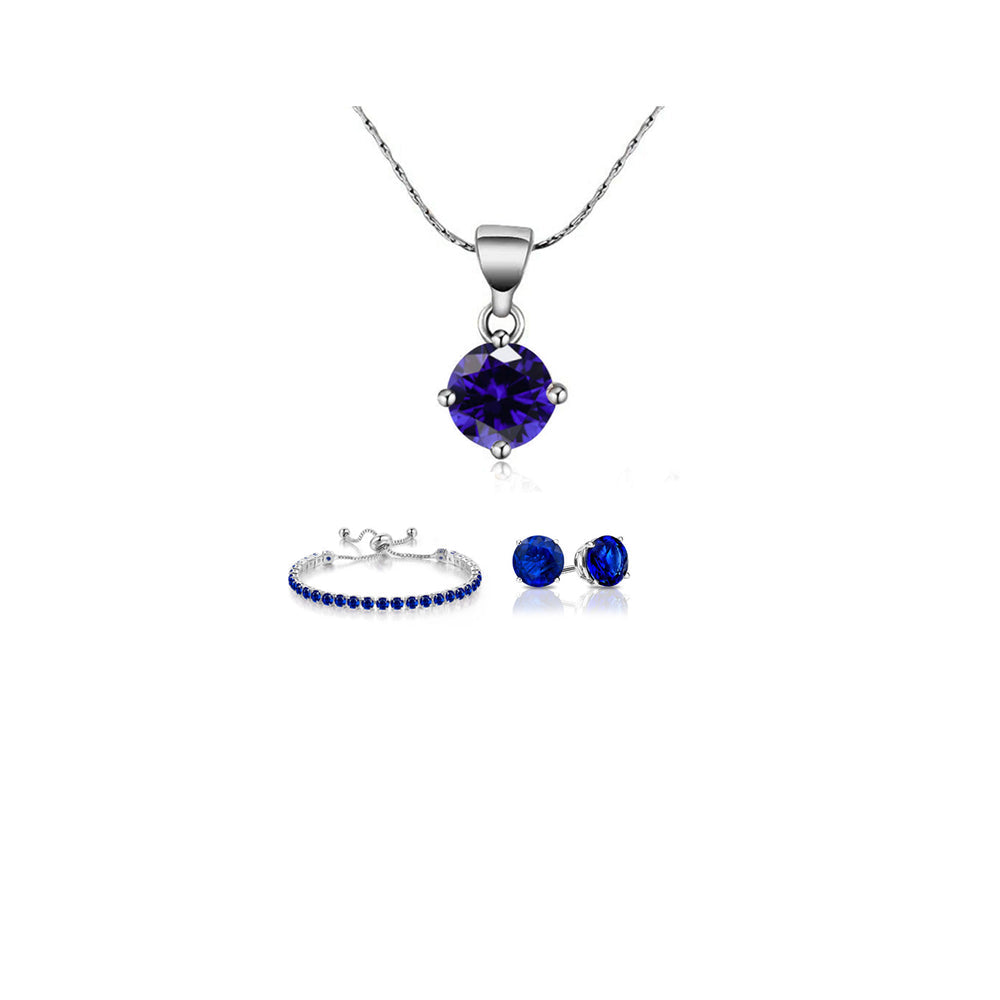 18k White Gold 6 Ct Round Created Blue Sapphire Necklace Earrings Bracelet Set Image 1