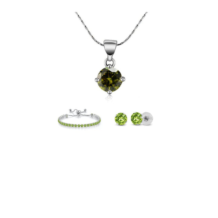 10k White Gold 6 Ct Round Created Peridot Jewelry Set Necklace Earrings Bracelet Image 1