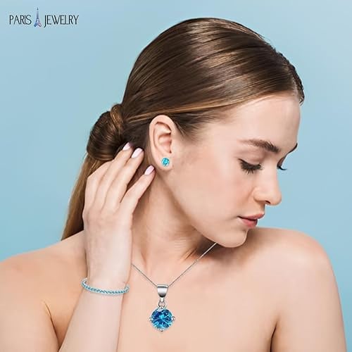 Paris Jewelry 10k White Gold 6 Ct Round Created Blue Topaz Necklace Set Image 2