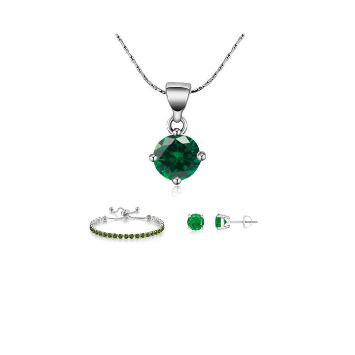 10k White Gold Round Created Emerald Jewelry Set Necklace Earrings Bracelet Image 1