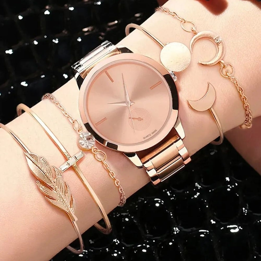 Luxury Womens Silver Quartz Dress Watch Set with Bracelet Ideal Gift 5pcs Image 1