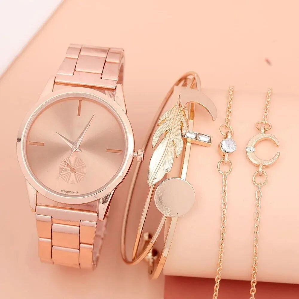 Luxury Womens Silver Quartz Dress Watch Set with Bracelet Ideal Gift 5pcs Image 2