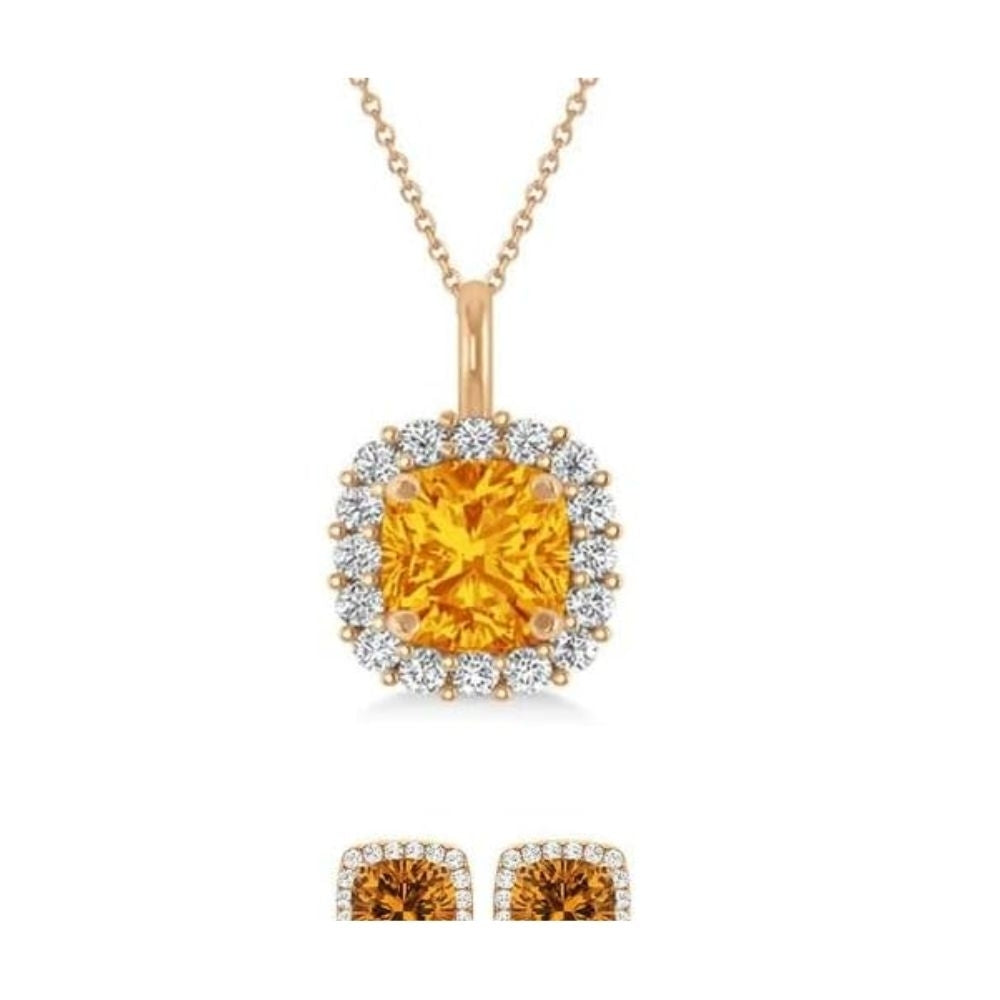 18K Rose Gold Halo Citrine Square Necklace and Earrings Set 4ct 18 Inch Gift Boxed Image 1