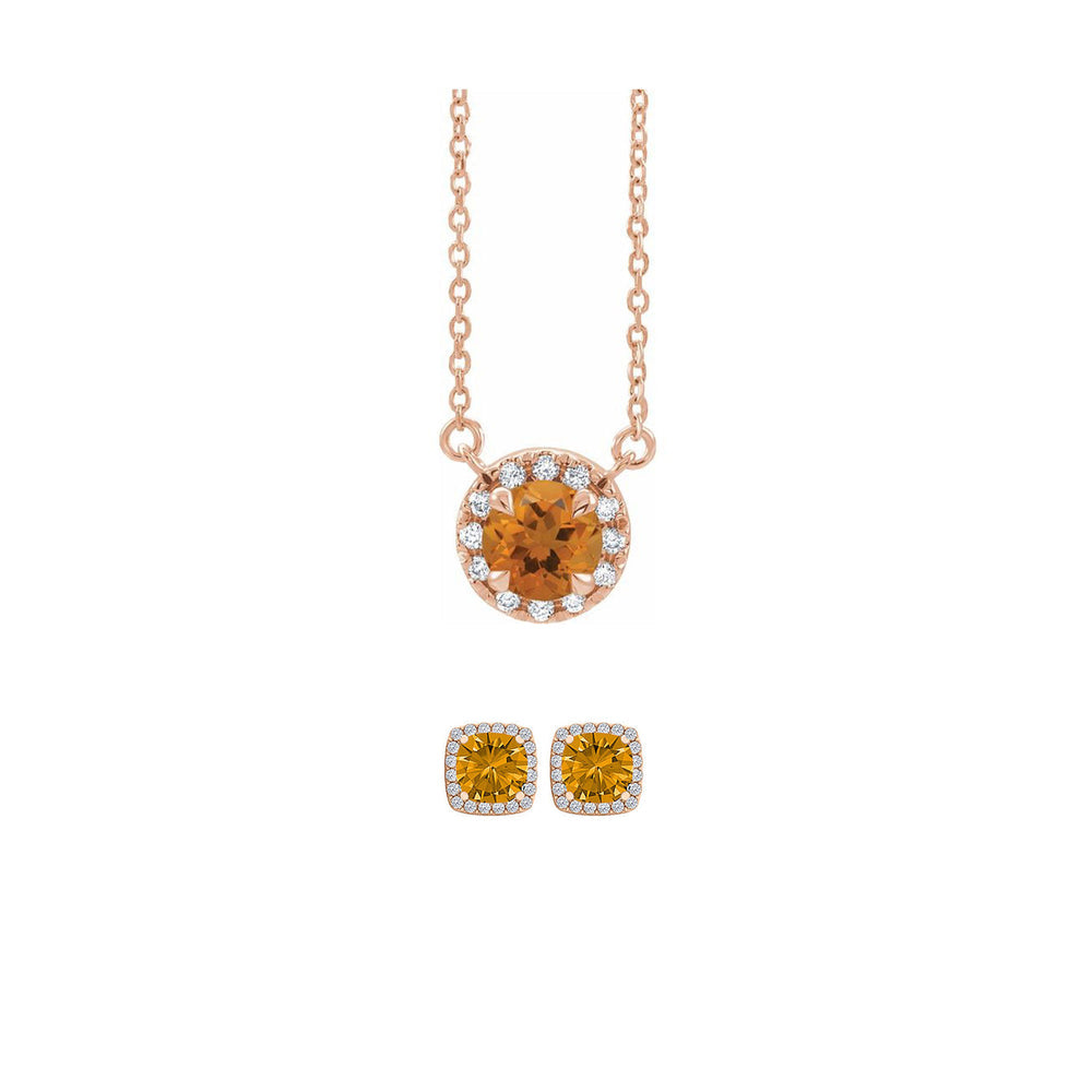 18K Rose Gold 1/2ct Halo Citrine Necklace and Square Earrings Set 18 Inch Image 1