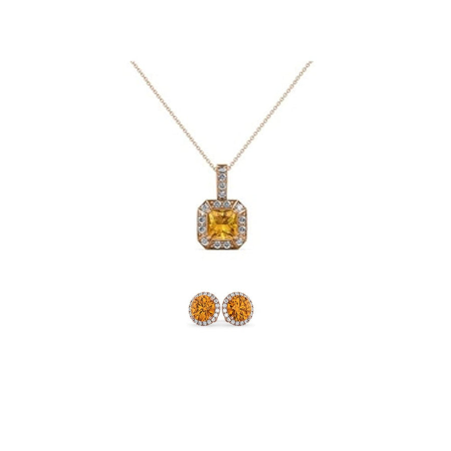 18K Rose Gold Halo Citrine Square Necklace 18in Earrings Set Gift Boxed Image 1