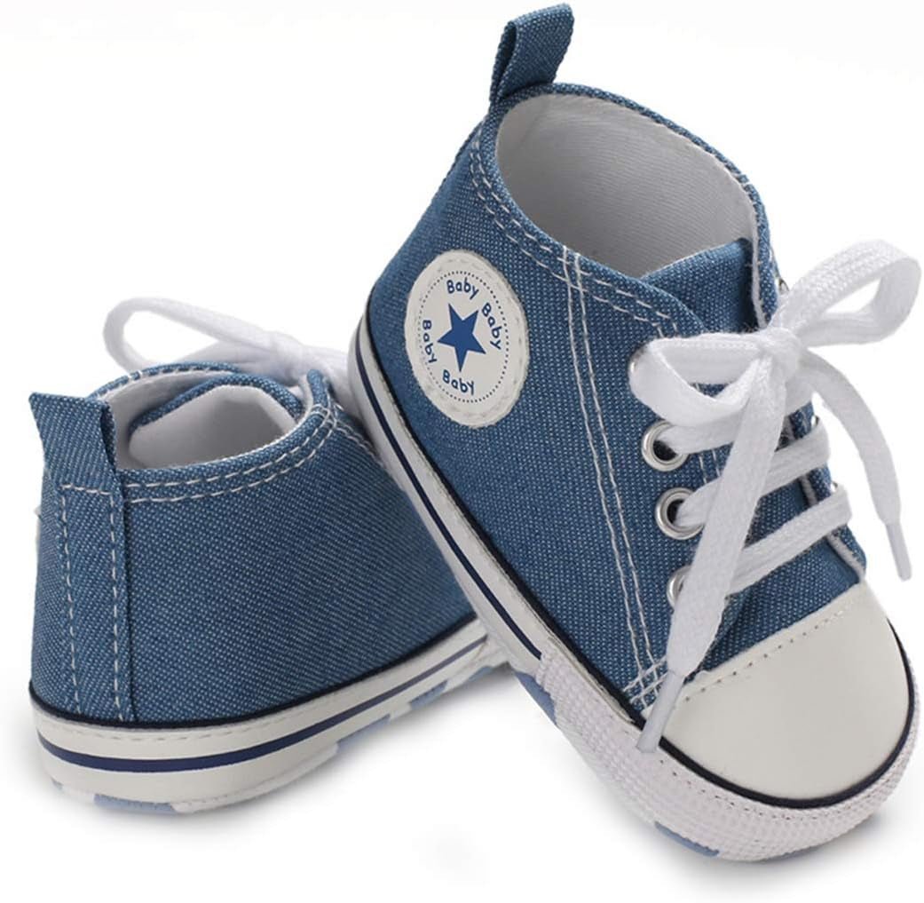 Unisex Baby Boys Girls High Top Sneaker Soft Anti-Slip Sole Newborn Infant First Walkers Canvas Denim Shoes Image 4