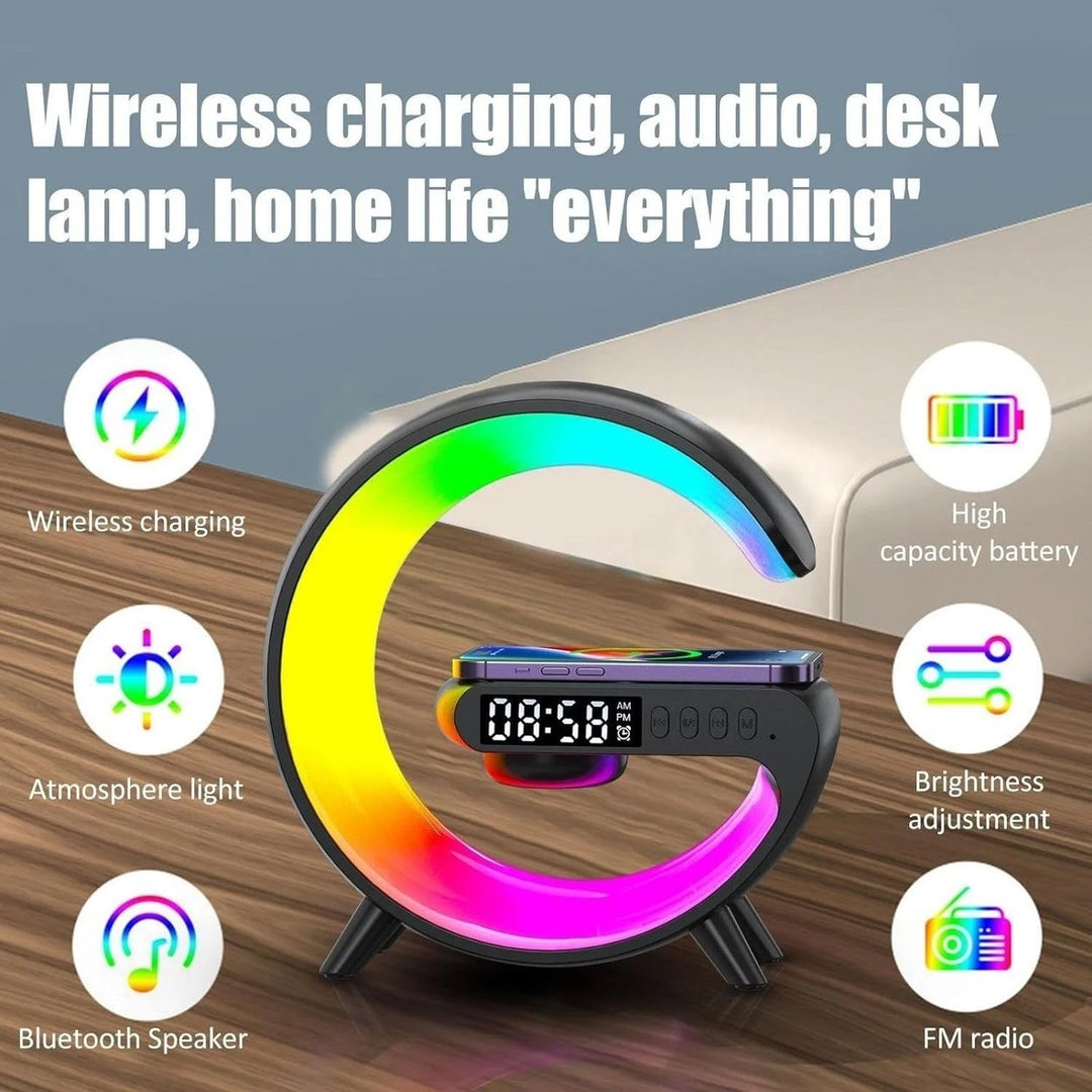 Wireless Charger Lamp Bluetooth Speaker Music Clock Alarm Key and APP Control Image 4