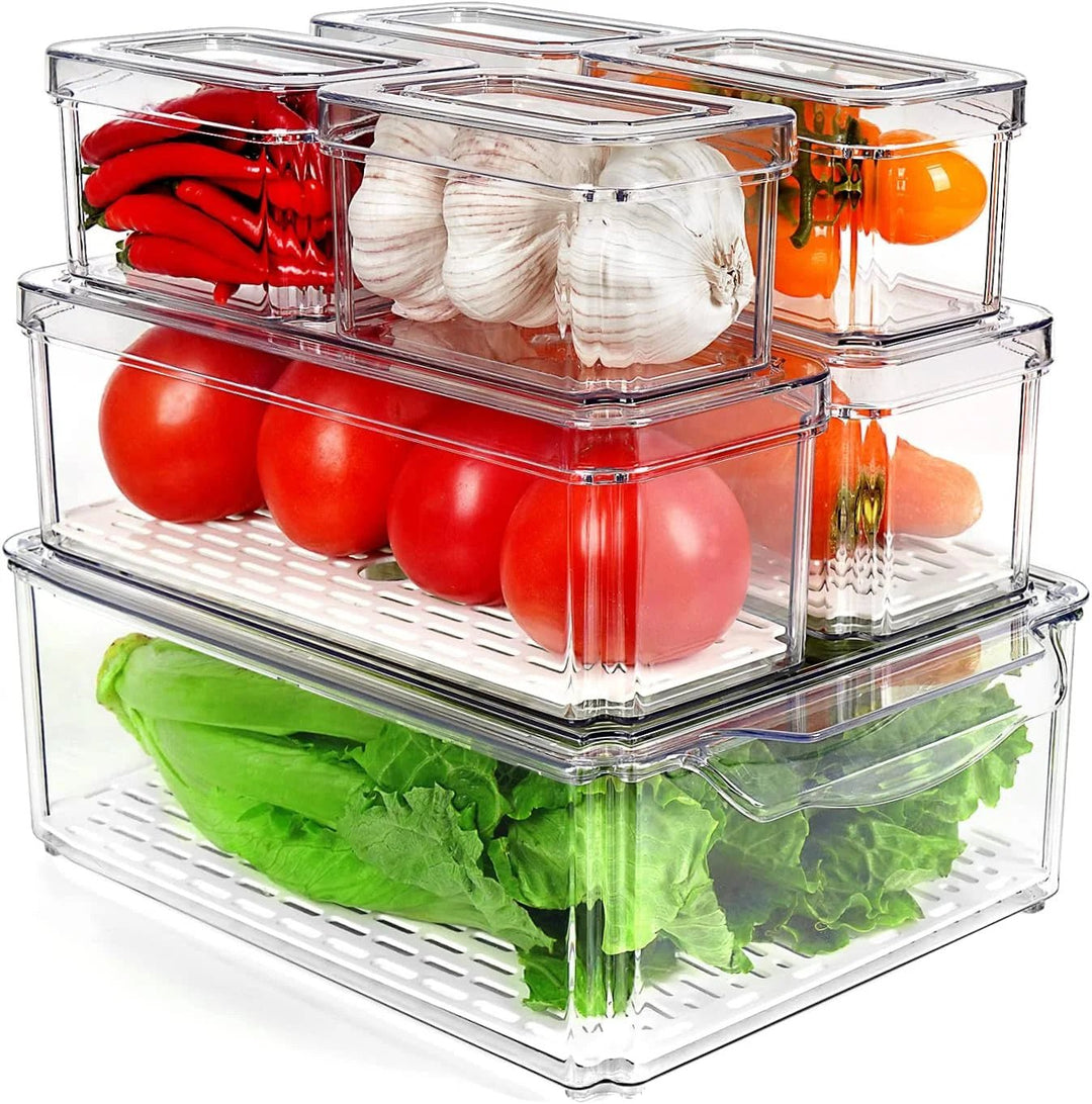 "7-Piece Stackable Fridge Organizer Set with Lids - Clear Plastic Bins for Refrigerator Storage Pantry Organization - Image 1