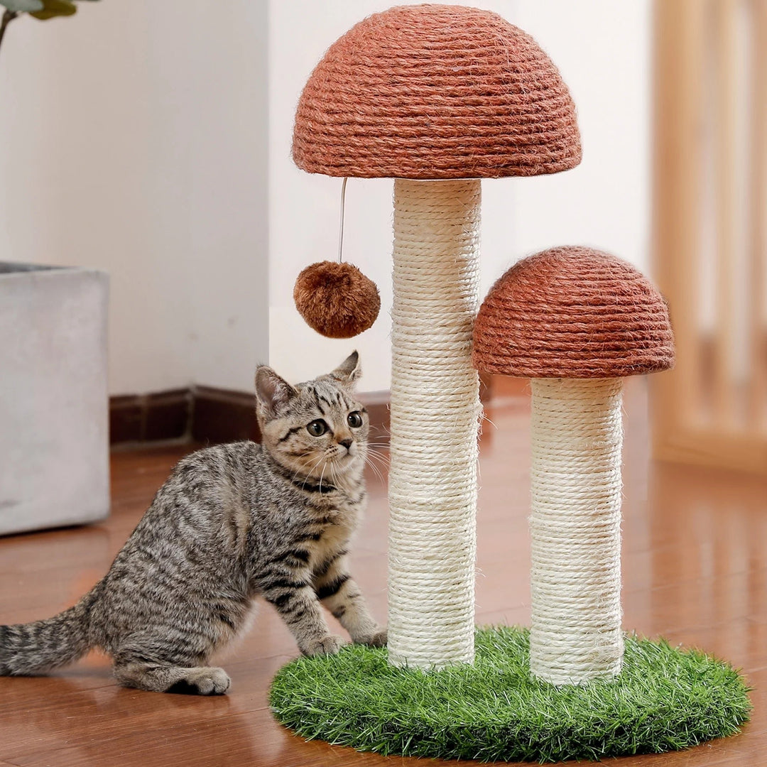 2 Mushrooms Cat Scratching Post 19" Sisal Claw Scratcher for Kittens and Small Cats Brown Image 1