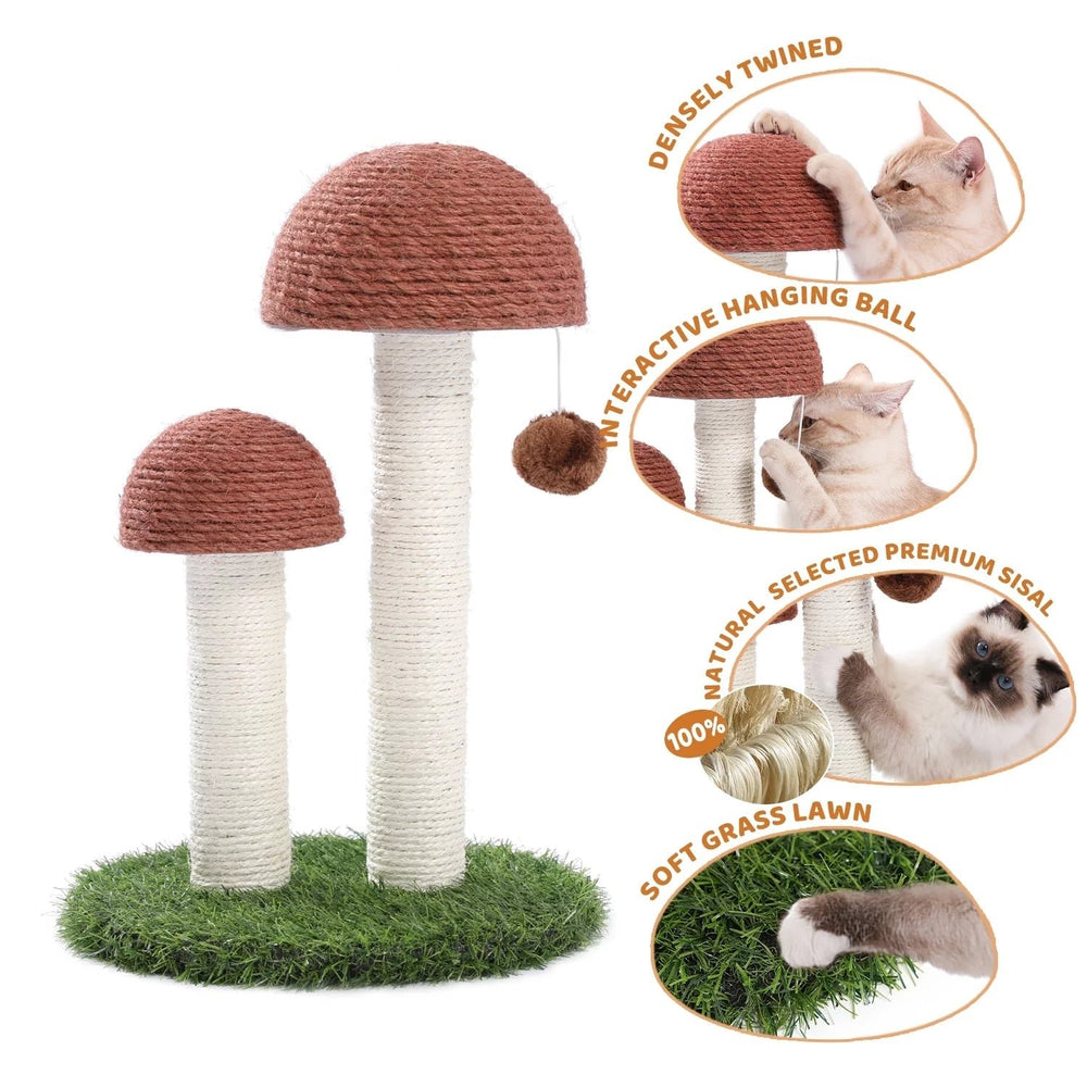 2 Mushrooms Cat Scratching Post 19" Sisal Claw Scratcher for Kittens and Small Cats Brown Image 2