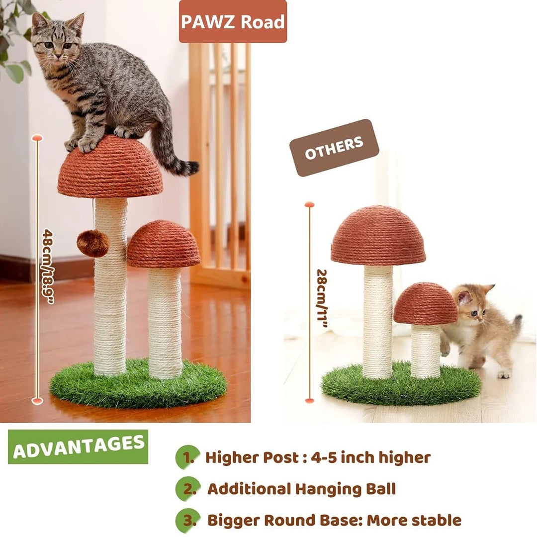 2 Mushrooms Cat Scratching Post 19" Sisal Claw Scratcher for Kittens and Small Cats Brown Image 4