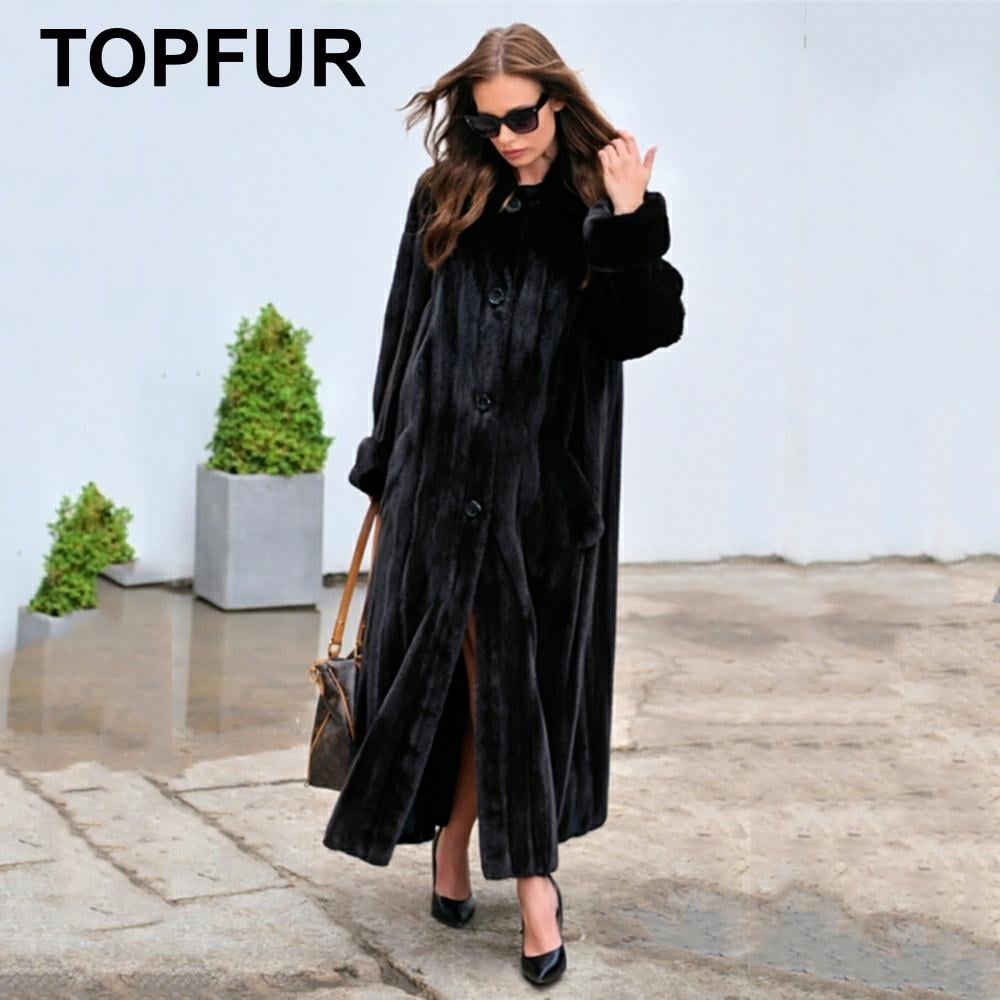 x-long real mink coat with turn-down collar black color with belt length 105cm woman natural mink faux coat Image 1