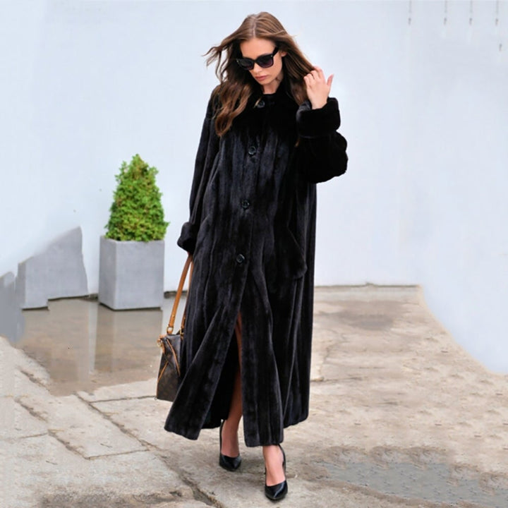 x-long real mink coat with turn-down collar black color with belt length 105cm woman natural mink faux coat Image 4