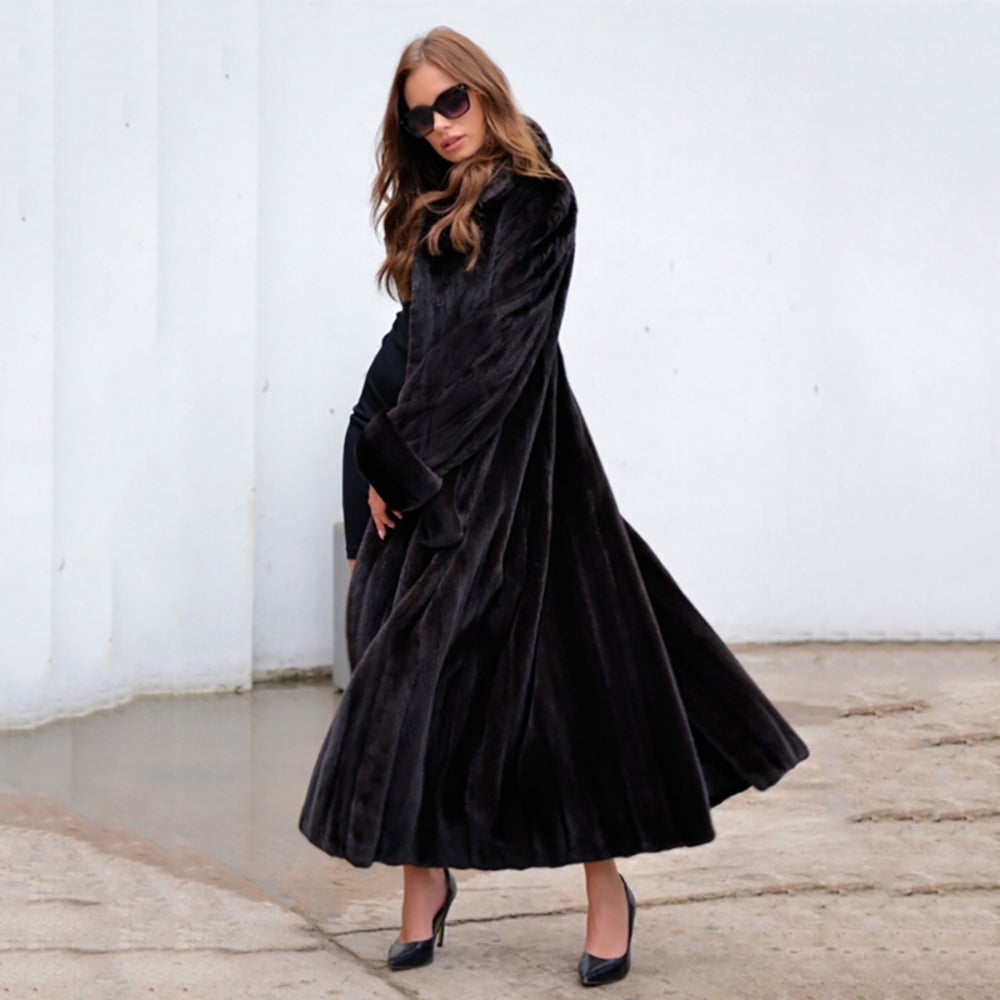 x-long real mink coat with turn-down collar black color with belt length 105cm woman natural mink faux coat Image 7