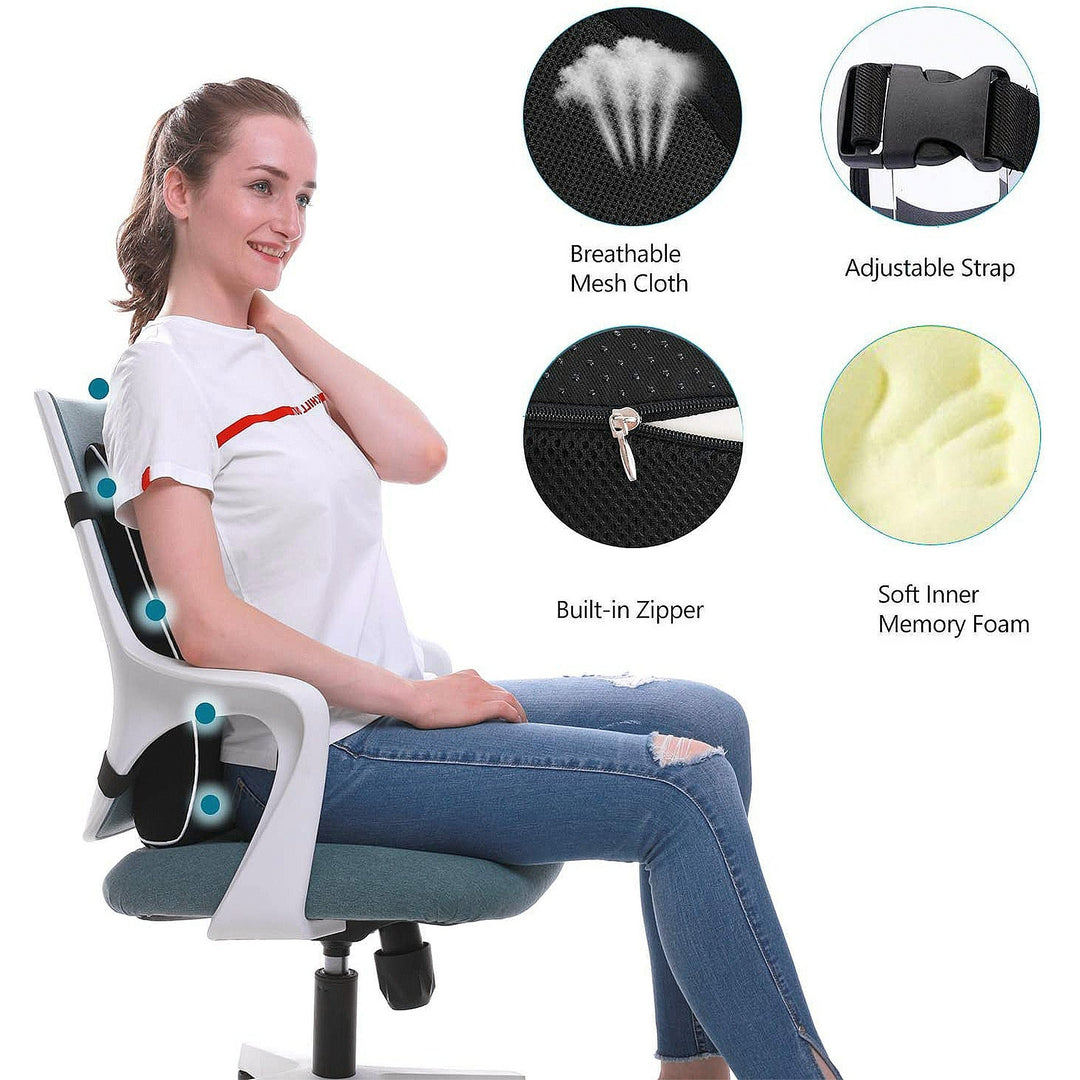 Lumbar Support Pillow for Office Chair Car Ergonomic Memory Foam Back Cushion for Pain Relief Backrests Black Image 3