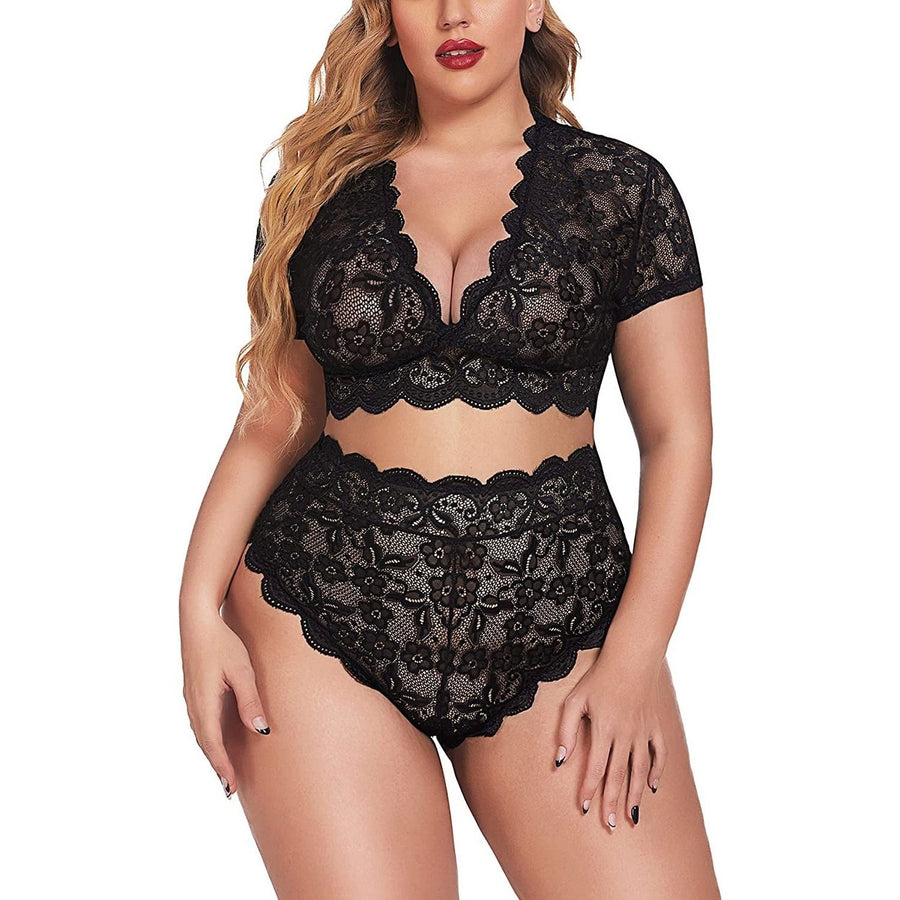 plus Size Lingerie plus Floral Lace Scallop Trim Lingerie Set Bra Panties Set(14W Black) Image 1